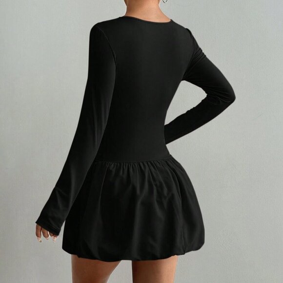 Black Casual Women's Round Neck Long Sleeve Pleated Tulip Hem Mini Dress - Picture 2 of 7